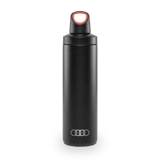 Sticla Audi Original 600 ml, izolata termic, otel inoxidabil, design elegant negru cu accente portocalii, ideala pentru calatorii.